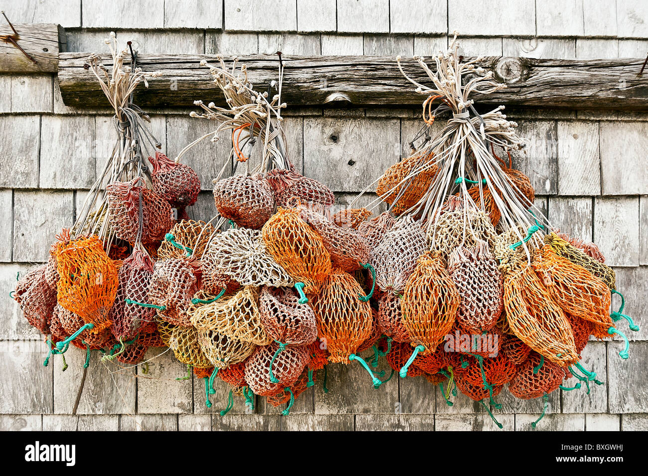 Bait bags hang from a dockside shed, Bass Harbor, Maine, USA Stock Photo