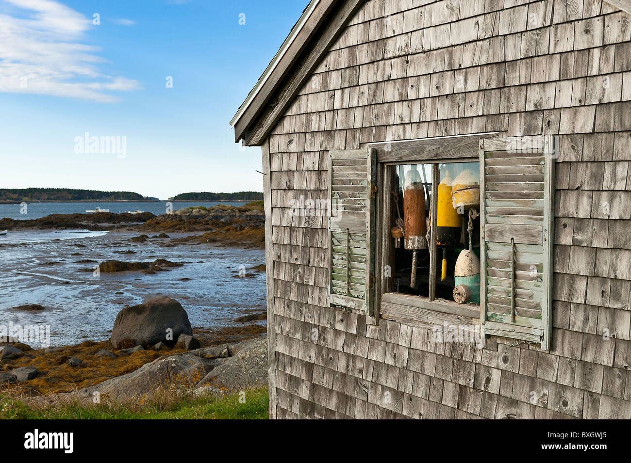 Rustic fishing shack, Jonesport, Maine, USA Stock Photo
