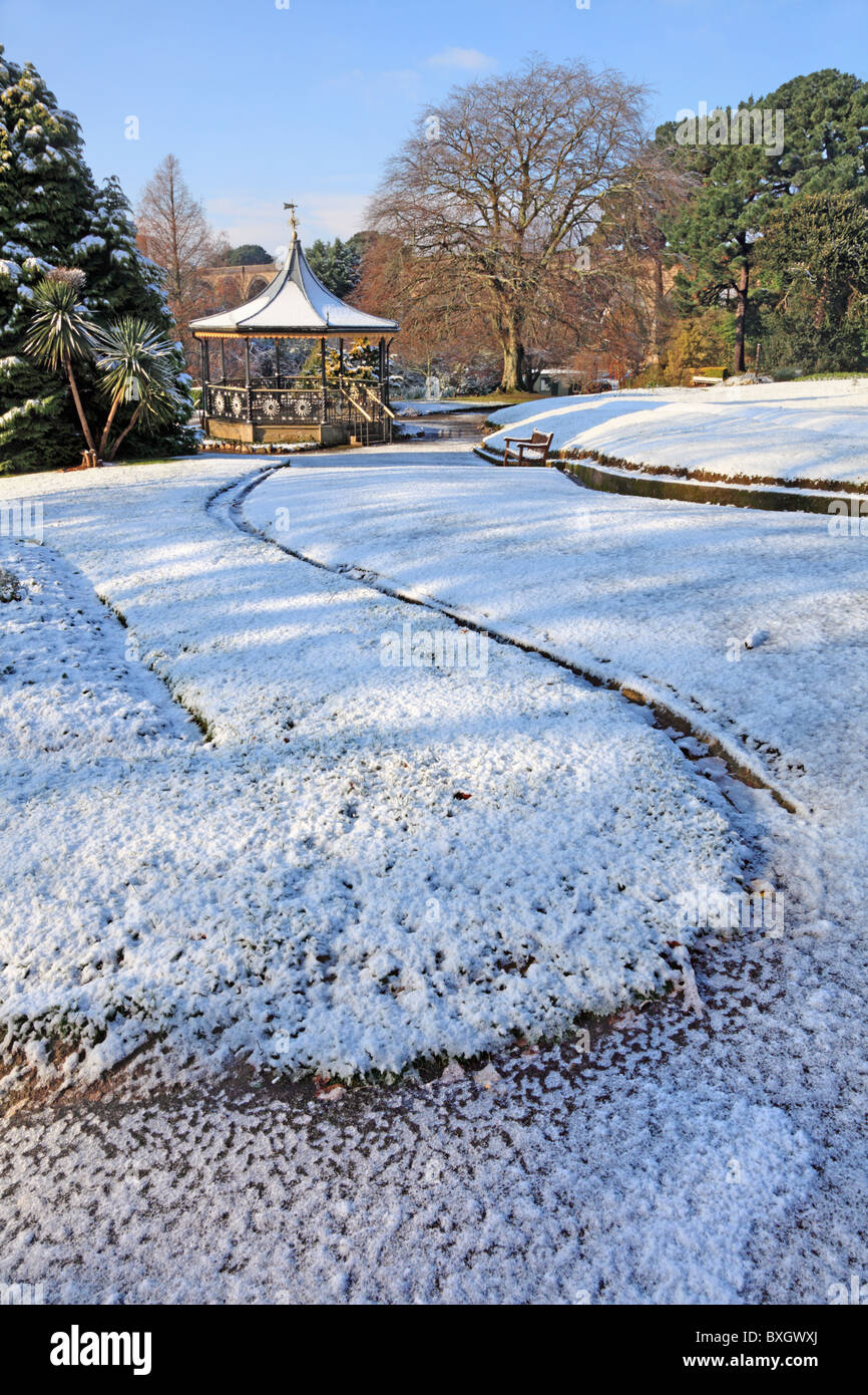 The Path to the Bandstand in Truro's Victoria Gardens captured in the snow Stock Photo