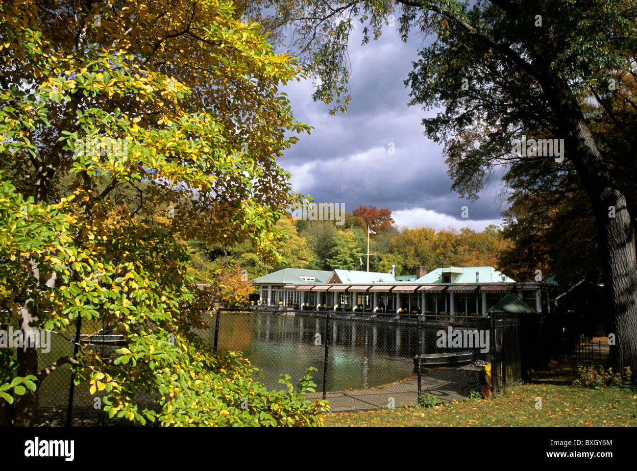 New York City Central Park Loeb Boathouse restaurant and The Lake in the autumn. Central Park Conservancy USA Stock Photo
