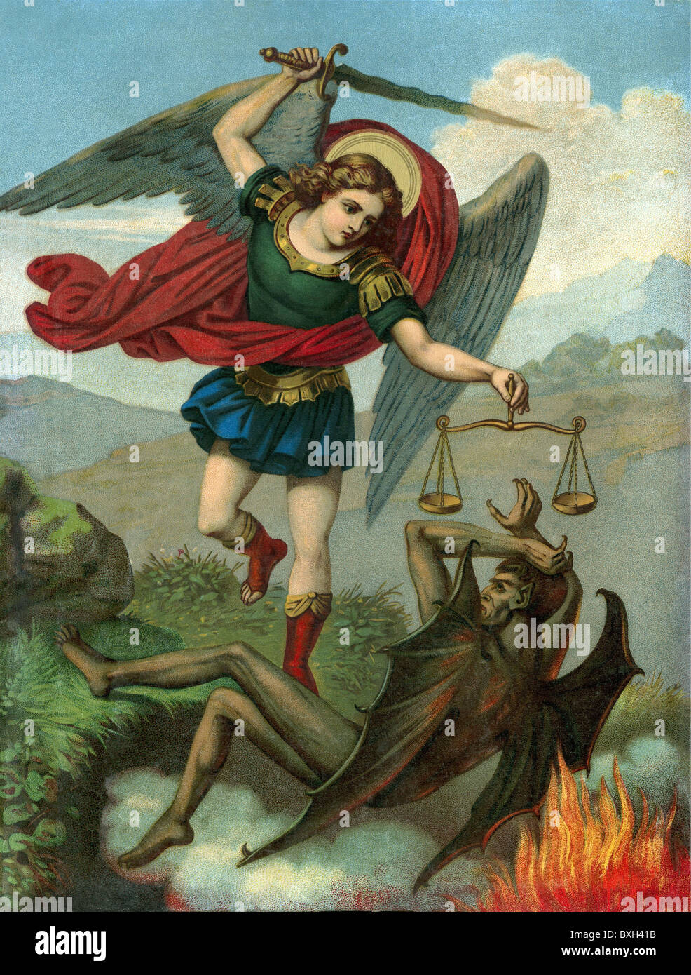 religion, Christianity, vicotry of archangel Michael over Satan, mural, lithograph, Germany, circa 1890, Additional-Rights-Clearences-Not Available Stock Photo