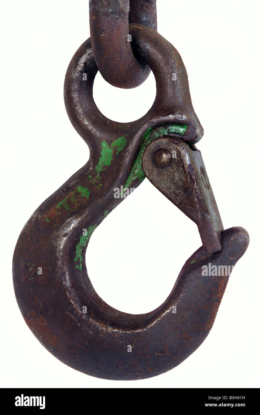 industry, tow hook, detail, Germany, 1950s, 50s, 20th century, historic, historical, chain, chains, tow rope, towrope, tow ropes, piton, snap hook, spring hook, karabiner, snap link, snap hooks, spring hooks, karabiners, snap links, load hook, load hooks, safety hook, iron, hanging, hang-up, hook, hooking, hooked, hooks, hooked, hook up, hooking up, hooked up, metal, chain link, chain links, hardware, clunky, rusty, rustier, rustiest, rust, clipping, cut out, cut-out, cut-outs, Additional-Rights-Clearences-Not Available Stock Photo