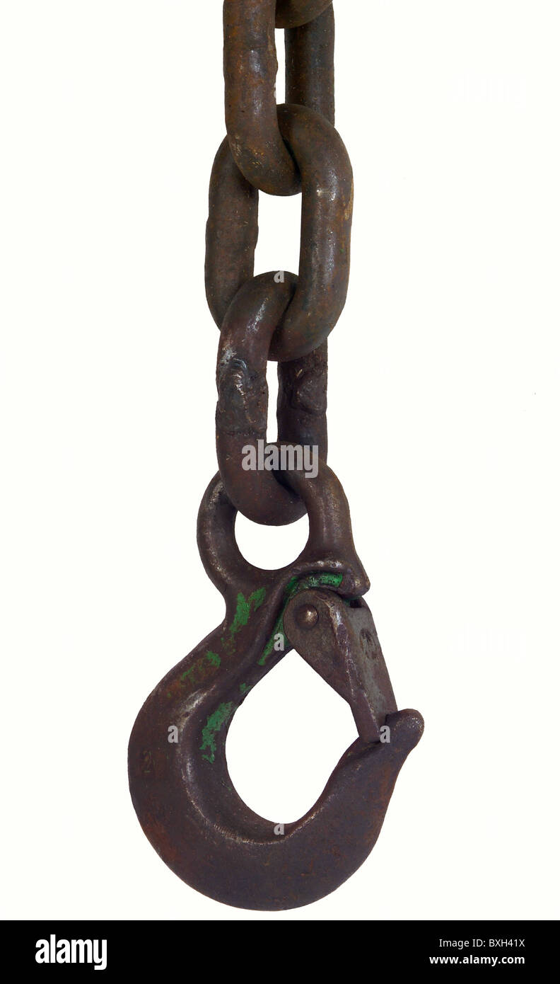 industry, tow hook, Germany, 1950s, 50s, 20th century, historic, historical, chain, chains, tow rope, towrope, tow ropes, piton, snap hook, spring hook, karabiner, snap link, snap hooks, spring hooks, karabiners, snap links, load hook, load hooks, safety hook, iron, hanging, hang-up, hook, hooking, hooked, hooks, hooked, hook up, hooking up, hooked up, metal, chain link, chain links, hardware, clunky, rusty, rustier, rustiest, rust, clipping, cut out, cut-out, cut-outs, Additional-Rights-Clearences-Not Available Stock Photo