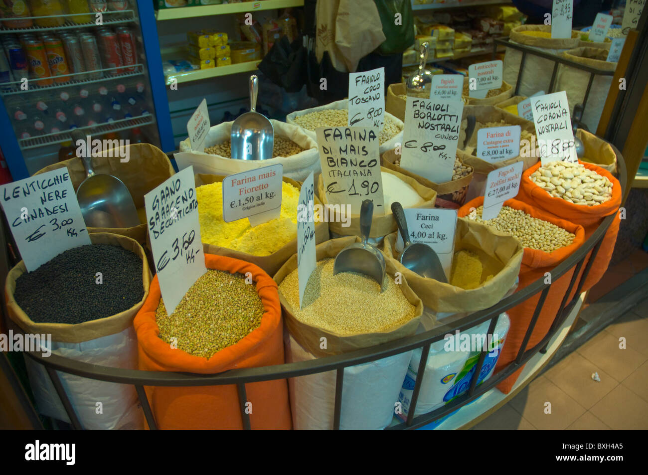 Dry lentils seeds and beans Mercato di Sant'Ambrogio market central Florence (Firenze) Tuscany central Italy Europe Stock Photo
