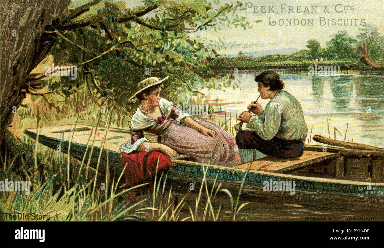 people, lovers, love couple, during boat trip, collection image, Peek company, Frean and Co, London Biscuits, lithograph, Great Britain, circa 1900, Additional-Rights-Clearences-Not Available Stock Photo