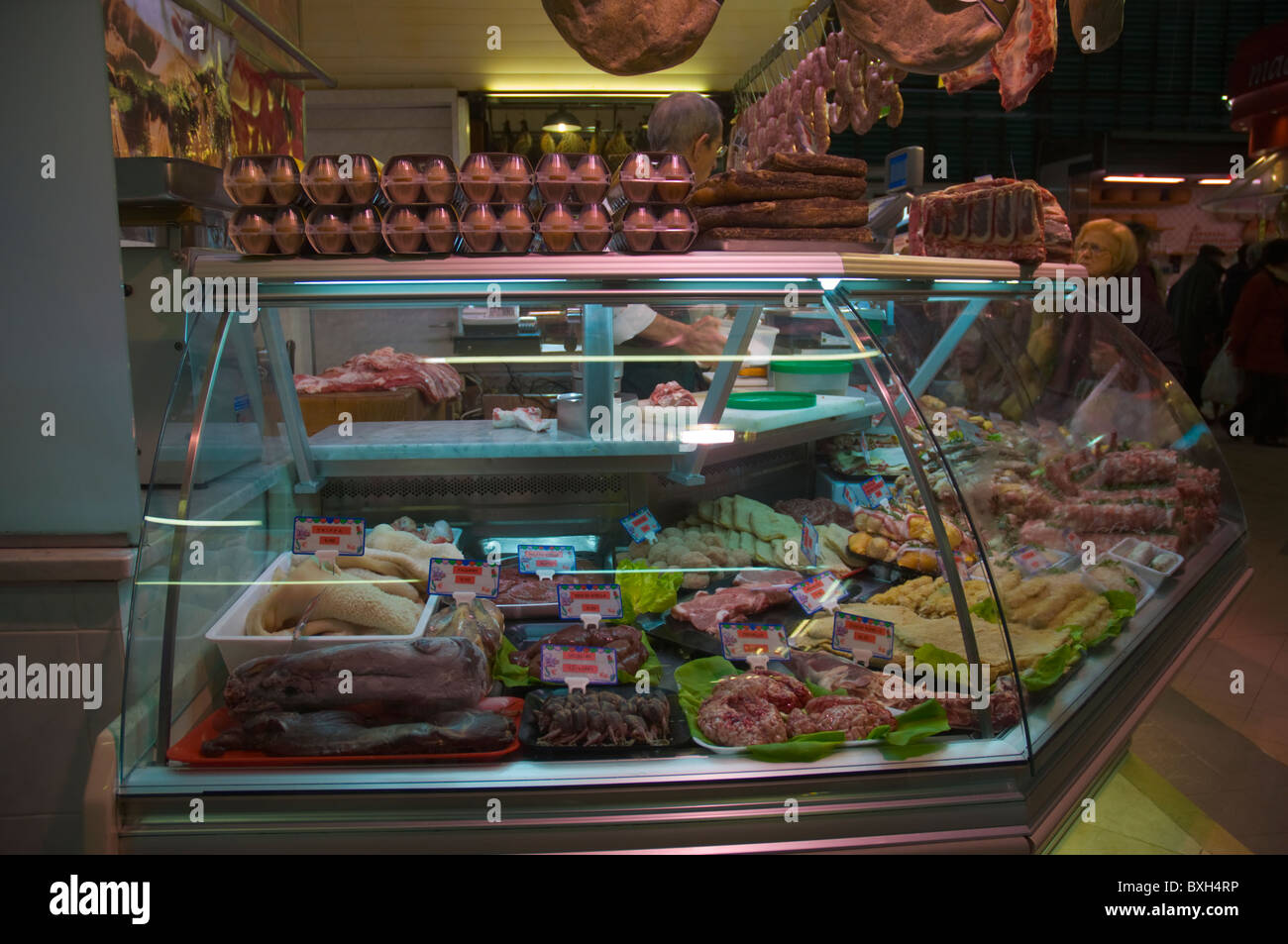 Meat stall inside Mercato di Sant'Ambrogio market central Florence (Firenze) Tuscany central Italy Europe Stock Photo