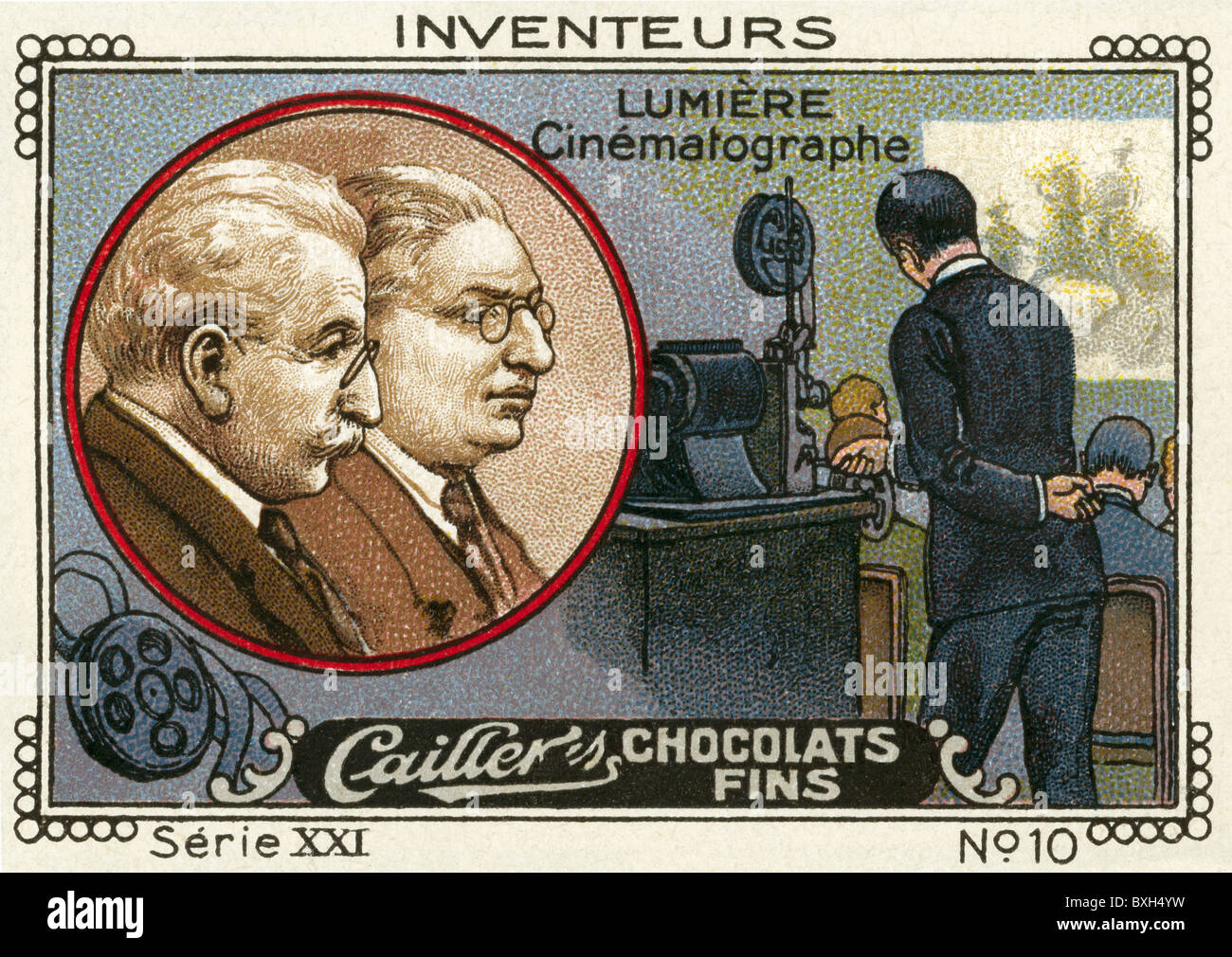 Lumiere, Louis, 5.10.1864 - 6.6.1948, French photographer, with his brother Auguste, inventors of the cinematograph, advertising card, Cailler chocolats fins, lithograph, circa 1914, Stock Photo