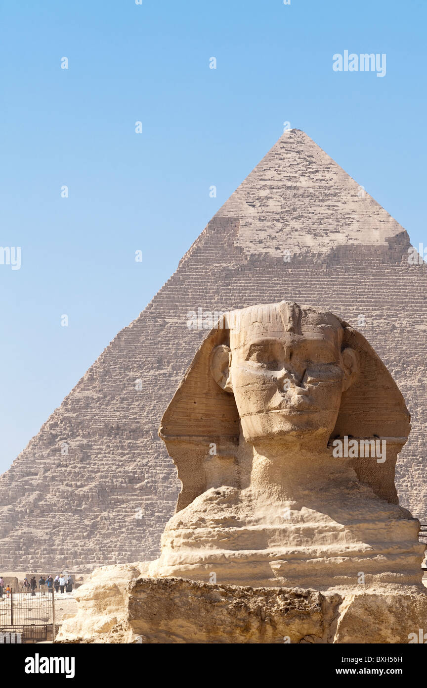 Egypt, Giza. Great Pyramid and Sphinx at the Giza Necropolis. Stock Photo