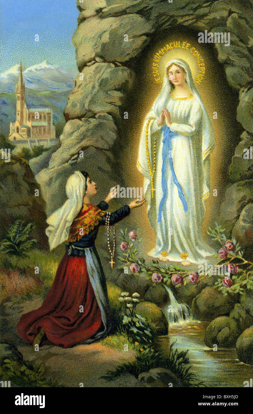 religion,Christianity,Marian apparition,Lourdes,1858,Bernadette Soubirous,religious mural,France,circa 1890,1890s,19th century,historic,historical,farmer's daughter,sainted in 1934,grotto of Lourdes,grotto,grot,grottoes,grottos,grots,Massabielle,Madonna,Virgin Mother,saint Mary,Our Lady,the Blessed Virgin Mary,the Virgin Mary,Our Blessed Lady,appearance,apparition,apparitions,vision,visions,aureola,aureole,Mandorla,nimbus,glory,halo,aura,halos,conception,conceptions,the Immaculate Conception,tenet,adore,adoring,pi,Additional-Rights-Clearences-Not Available Stock Photo