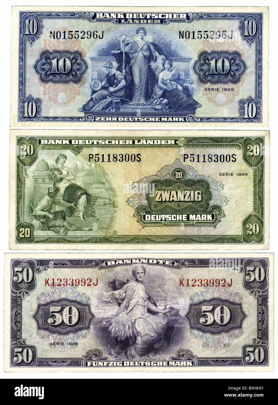 money / finance, bank notes, Germany, first banknotes of the BRD, 10, 20 and 50 Mark, 1949, historic, historical, German Marks, fifty, ten, twenty, banknote, bank note, bill , bank notes, post war period, currency, currencies, allegoric image of agriculture, allegory, steel engraving, clipping, cut out, 1940s, 40s, 20th century, numismatics, mark, German Mark, deutsche mark, deutschemark, deutschmark, mark, West German Mark, cut-out, cut-outs, people, Additional-Rights-Clearences-Not Available Stock Photo