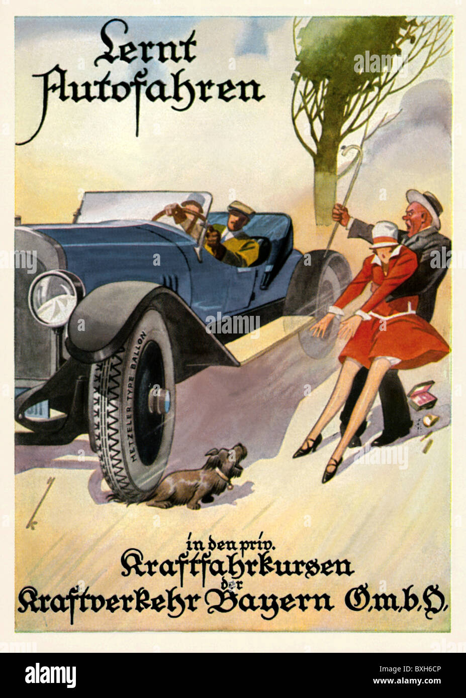 advertising,transport,car,driving school,driving,motoring,private driving school of Kraftverkehr Bayern G.m.b.H.,Germany,1928,1920s,20s,20th century,historic,historical,humor,humour,road hog,road hogs,pedestrian,pedestrians,walker,walkers,jaywalker,dog,dogs,overrun,overrunning,overrun,overruns,overran,run down,run over,running down,running over,run down,run over,runs down,runs over,ran down,ran over,fast,faster,fastest,speed,learning,curse,cursing,cursed,tearaway,unthoughtful,irrespective,inconsiderate,traffic,,Additional-Rights-Clearences-Not Available Stock Photo