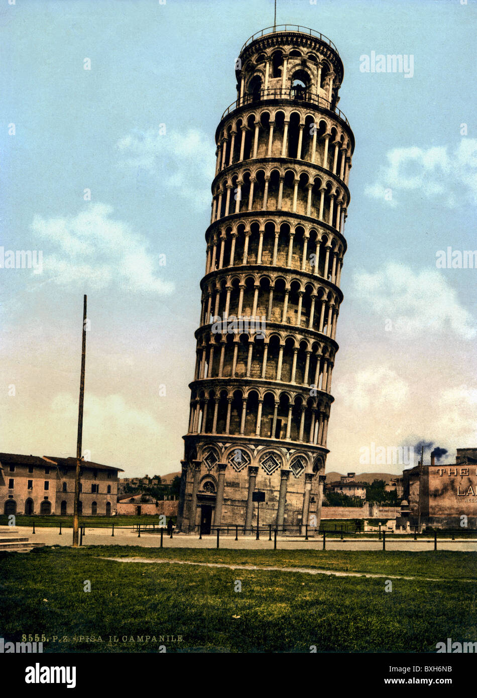 geography / travel, Italy, Pisa, Pisa, the Leaning Tower of Pisa, Campanile, build: 1173, Italy, circa 1899, historic, historical, 1890s, 19th century, landmark, sight, sights, building, buildings, architecture, exterior view, UNESCO World Cultural Heritage Site / Sites, at the turn of the 19th / 20th century, Photochrom, polychrome lithograph, middle ages, medieval, people, Additional-Rights-Clearences-Not Available Stock Photo