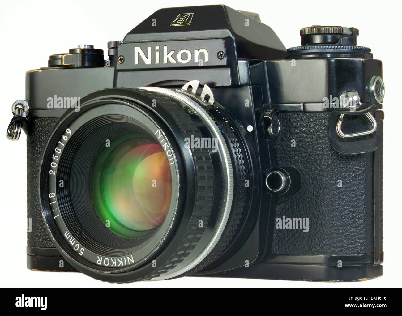 photography, camera, Nikon EL2, Japan, 1977, 1970s, 70s, 20th century, historic, historical, Japanese, Made in Japan, electronic shutter, technics, technology, analouge, cameras, Nikkor lens 1:1.8 50mm, body with lens, clipping, cut out, cut-out, cut-outs, Additional-Rights-Clearences-Not Available Stock Photo