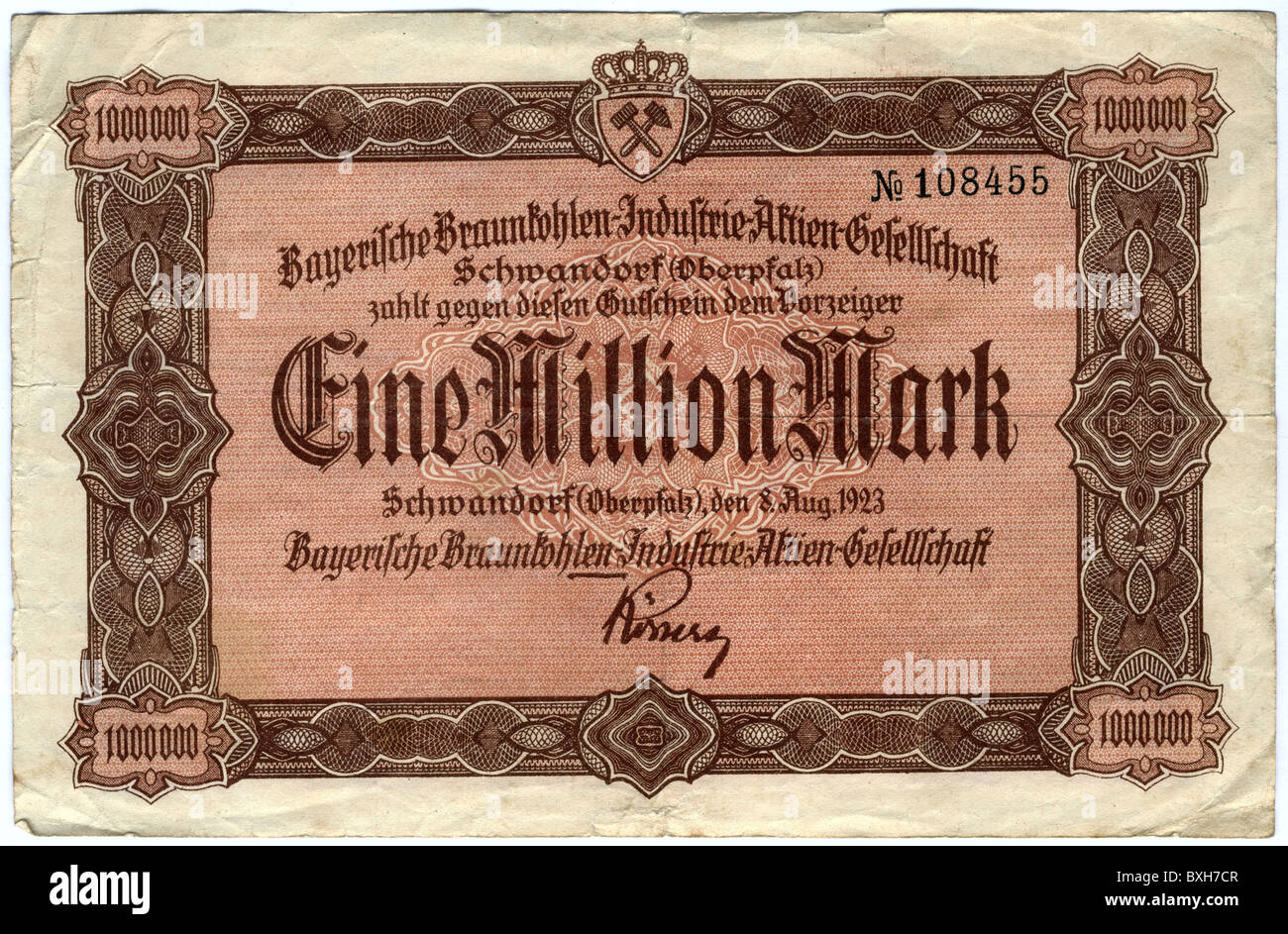 money / finance, inflation money, Germany, Bavaria, One Million Mark bond, issued by the Bavarian brown coal mining industry corporation, August 1923, banknotes, bank note, notes, 1000000, 1920s, economic crisis, depression, cut out, clipping, currency, 20th century, numismatics, historic, historical, 20s, inflation, banknote, bonds, cut-out, cut-outs, Additional-Rights-Clearences-Not Available Stock Photo