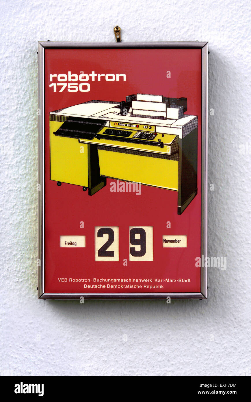calendar, perpetual calendar, VEB Robotron, GDR, circa 1978, 1970s, 70s, 20th century, historic, historical, date, accounting machine type Robotron 1750, 2 kilobyte ROM, 8 KByte ferrite core memory, computing, technics, data processing, data handling, data processings, automatic data processing, electronic data processing /EDP/, decentralized data processing, business data processing, integrated printer, GDR, DDR, East-Germany, East Germany, wall decoration, product, Additional-Rights-Clearences-Not Available Stock Photo
