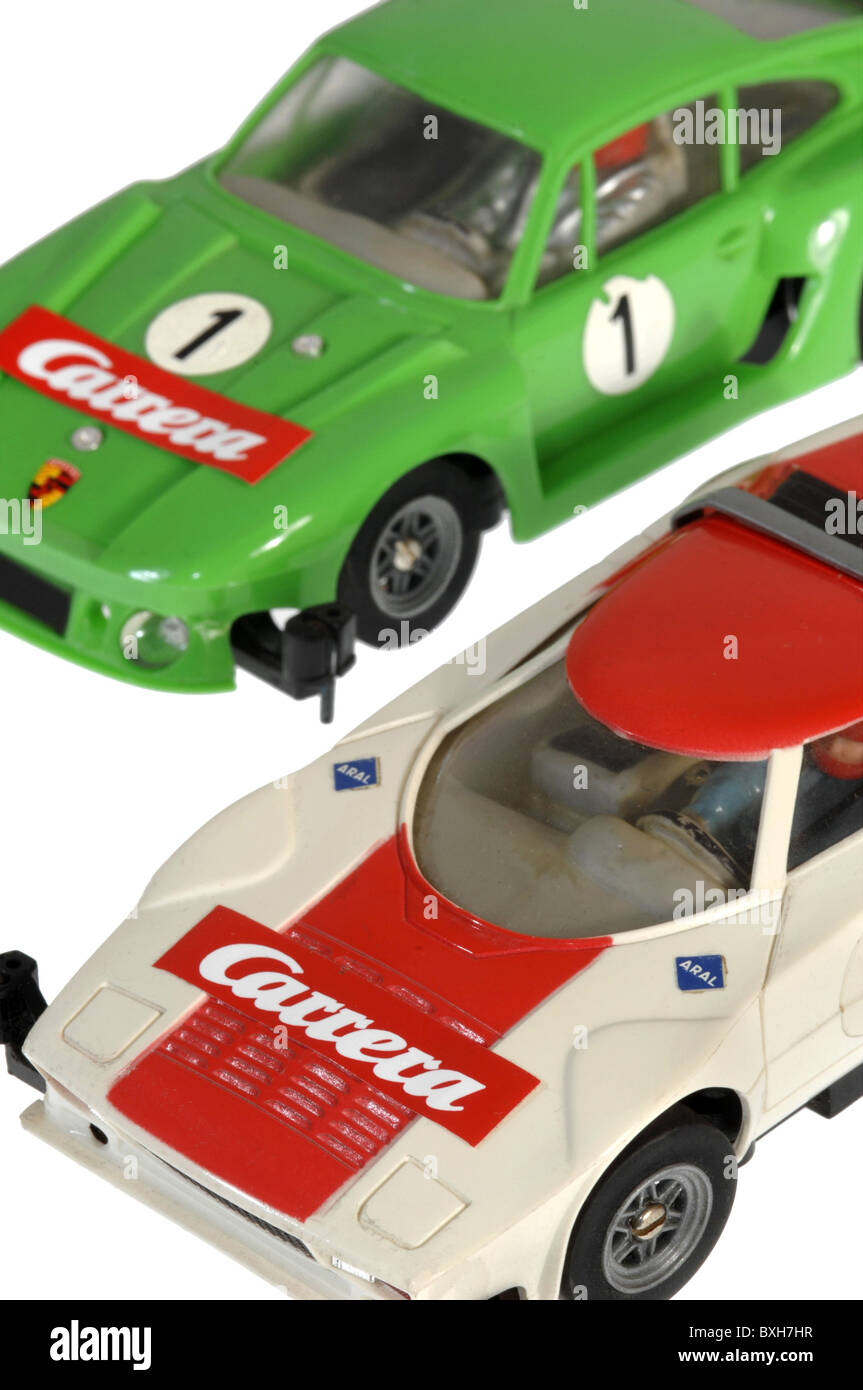 toys, toy cars, Carrera motor-racing circuit, Porsche racing cars, Germany, circa 1978, 1970s, 70s, 20th century, historic, historical, Neuhierl, motor-racing circuit, race car track, motor-racing circuits, race car tracks, racing car, racing cars, Carrera Servo 85300, still, close up view, close-up, closeup, Additional-Rights-Clearences-Not Available Stock Photo