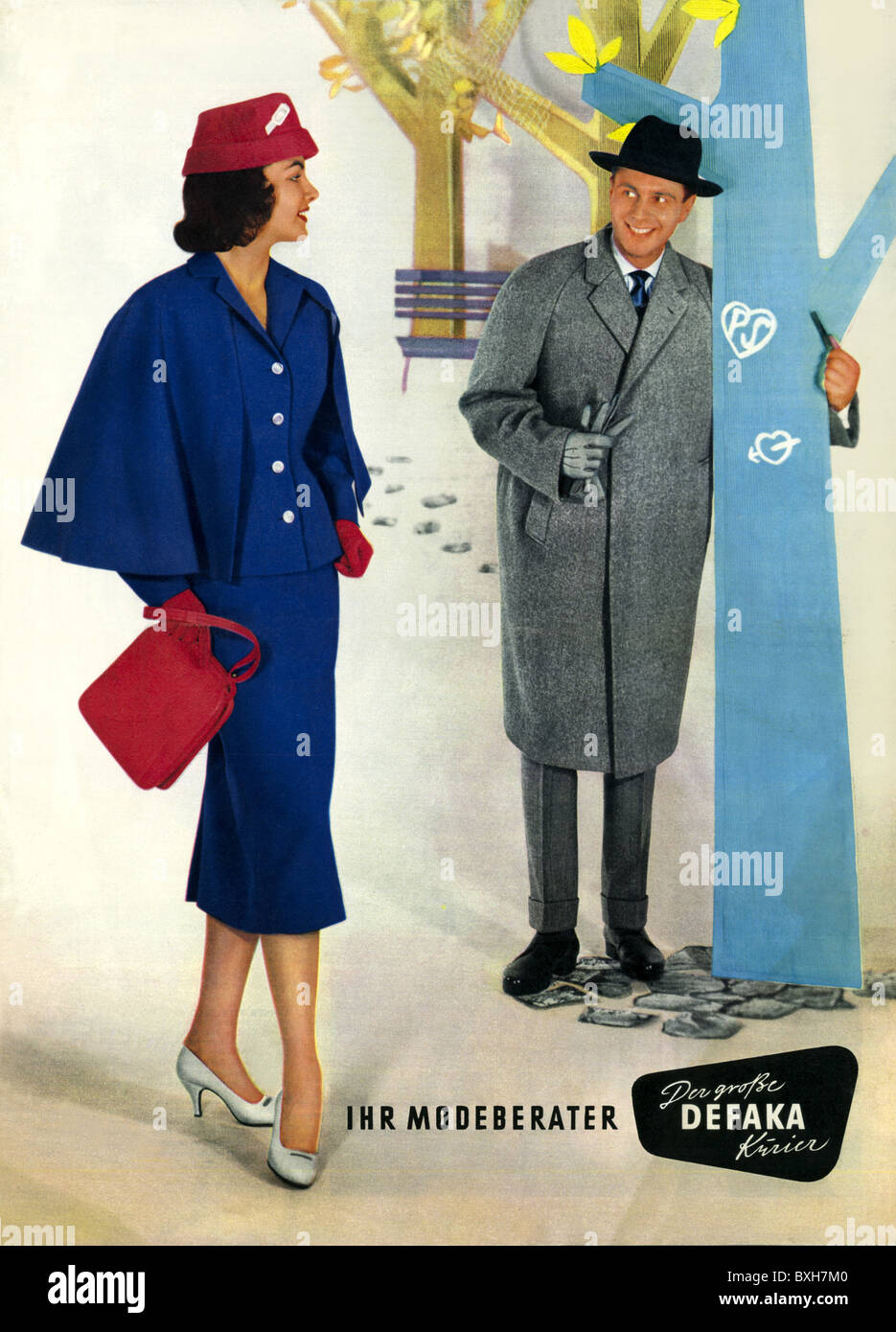 fashion, Defaka (department store) fashion catalogue, Germany, 1957, title page, illustration showing Petra Schuermann, Miss World of 1956, advertising, men's fashion, ladies' fashion, tippet, tippets, wool, jacket, coat, hat, handbag, purse, 1950s, 50s, historic, historical, skirt, elegant, elegance, Schurmann, Schürmann, people, 20th century, woman, women, female, man, men, male, Additional-Rights-Clearences-Not Available Stock Photo