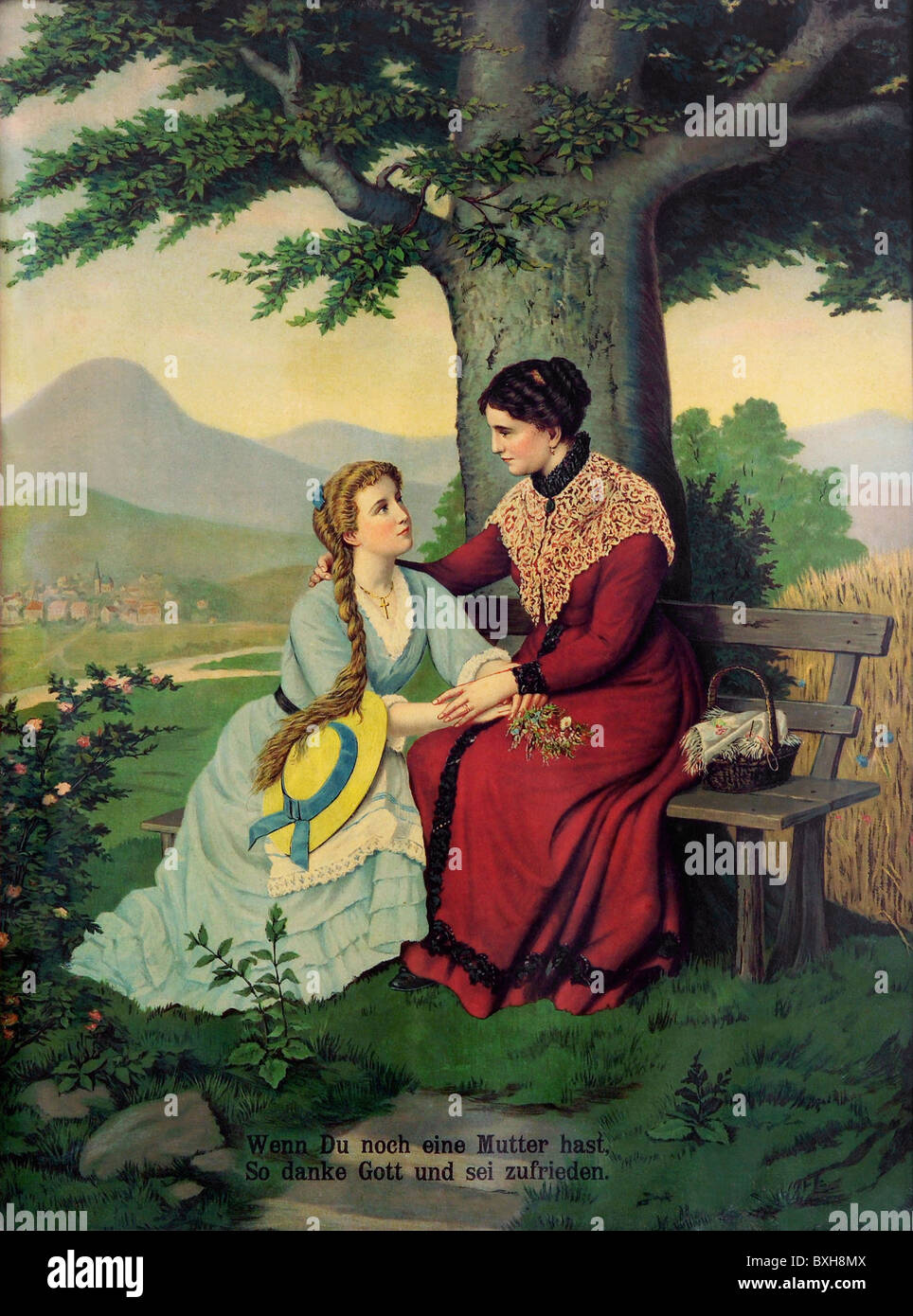 people, mother and daughter sitting under a tree, motto: 'Wenn Du noch eine Mutter hast, so danke Gott und sei zufrieden' (As long as you have a mother, thank god and be content), postcard, Germany, circa 1895, Additional-Rights-Clearences-Not Available Stock Photo