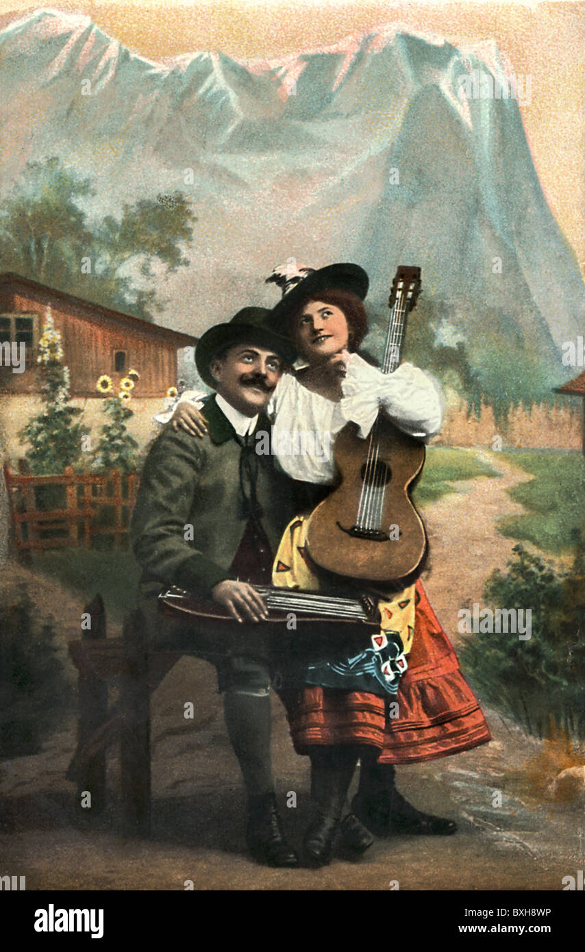 kitsch, Germany, Bavaria, Bavarian lovers in traditional costumes, 1908
