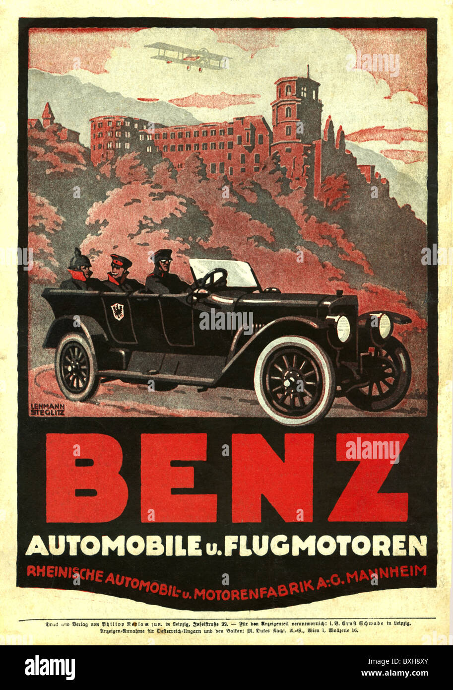 advertising, car, Benz automobile and aeroplane engines, open car of the German Emperor, chauffeur, in front of Heidelberg castle, Germany, 1916, Additional-Rights-Clearences-Not Available Stock Photo