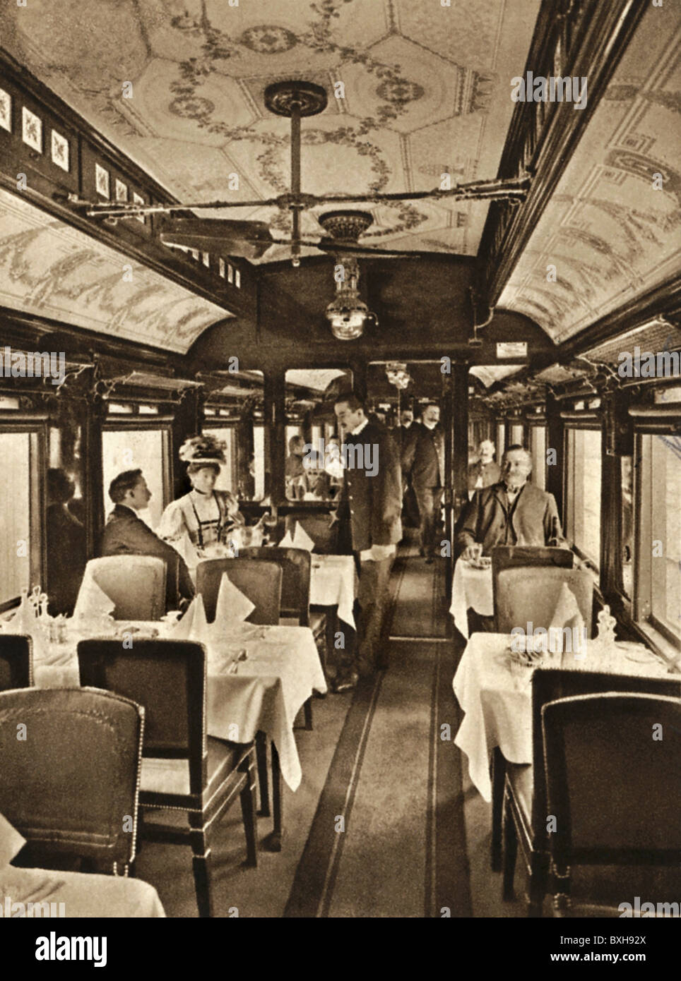 transport / transportation, railway, dining car, German Railway Dining car Association, forerunner of Mitropa, waiter with train travelers, Germany, 1911, Additional-Rights-Clearences-Not Available Stock Photo