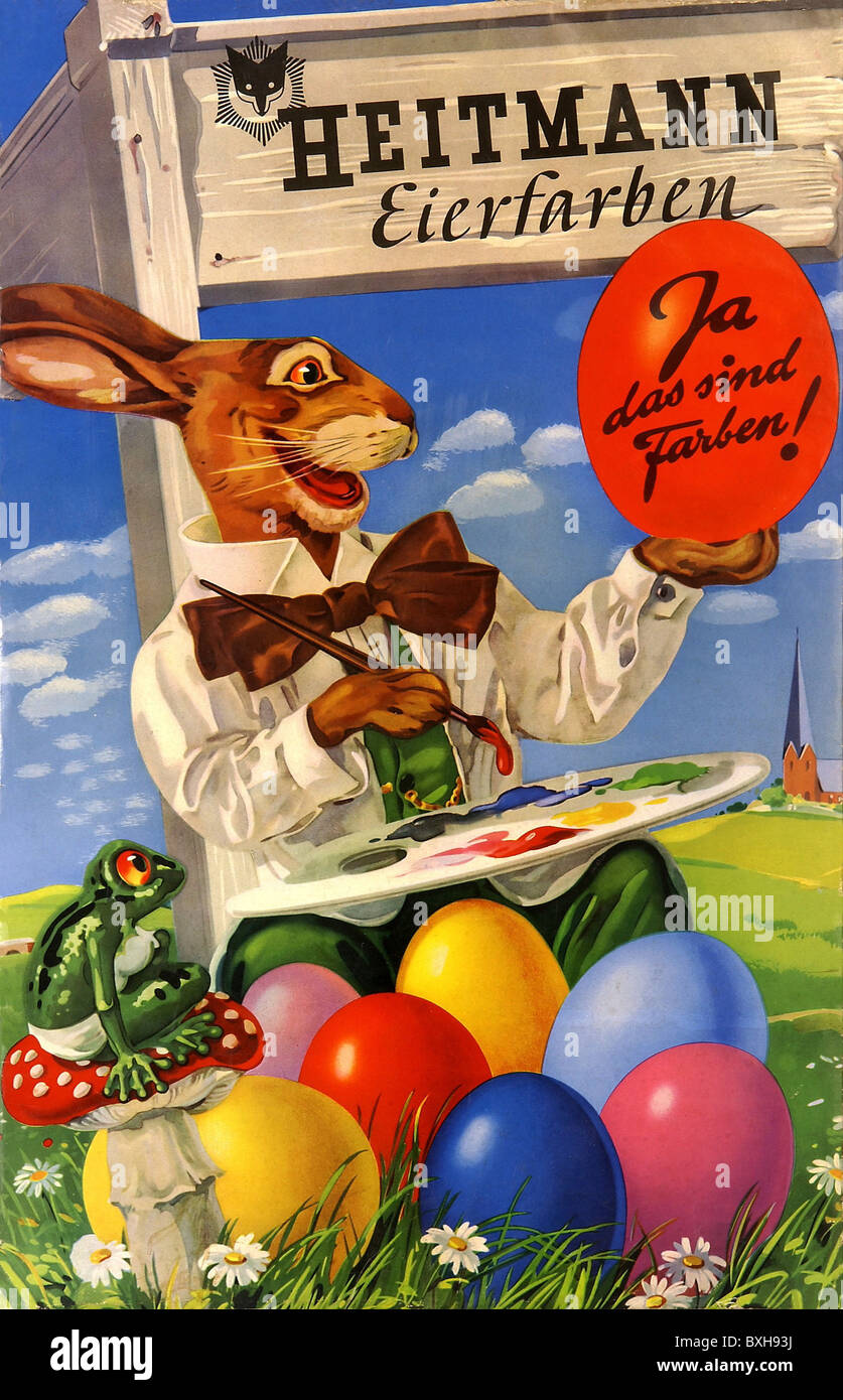 kitsch / souvenir, easter-bunny painting eggs, colours by Heitmann Eierfarben, Germany, 1950s, , Additional-Rights-Clearences-Not Available Stock Photo