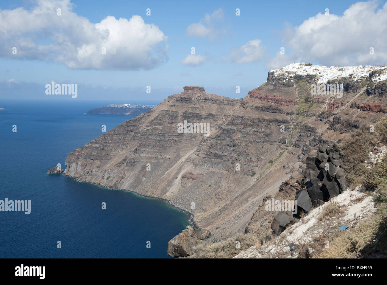 View the dramatic Santorini cliff from Fira. Stock Photo