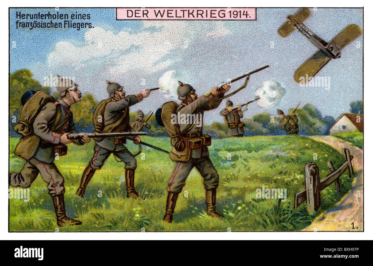world war / WW I, German soldiers shooting down a French aircraft with rifles, collection card of Fa. Union Augsburg, Germany, 1914, Additional-Rights-Clearences-Not Available Stock Photo
