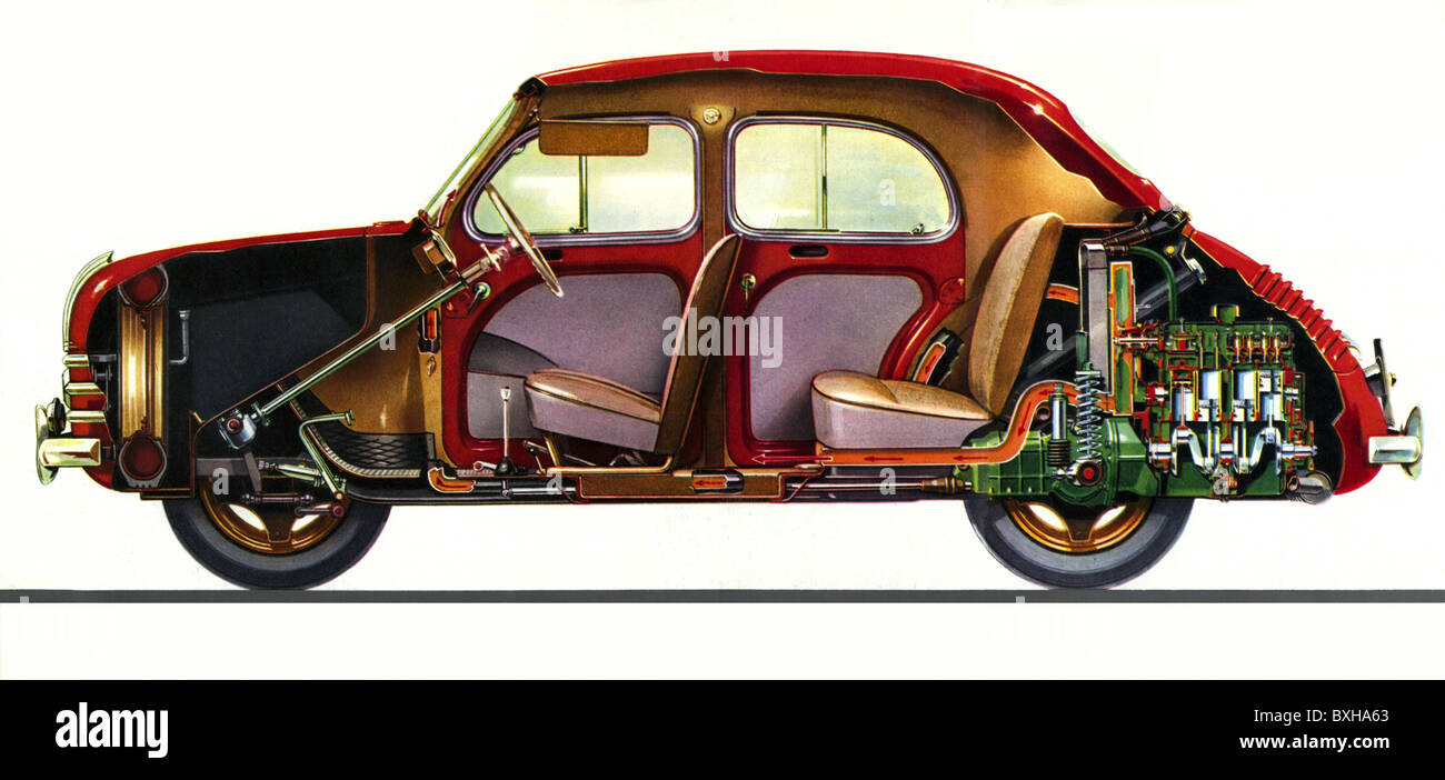 transport / transportation, car, vehicle variants, Renault 4 CV, longitudinal section, inside, France, 1955, Additional-Rights-Clearences-Not Available Stock Photo