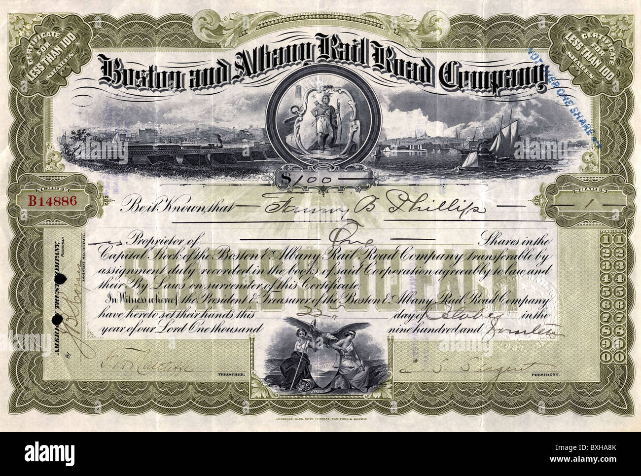 money / finance, stocks, Boston and Albany Rail Road Company, founded 1867, 100 Dollar, American railroad stock, USA, 1914, 1910s, 10s, 20th century, historic, historical, stock exchange, stock exchanges, share, stock, shares, stocks, railway, railroad, railways, railroads, Additional-Rights-Clearences-Not Available Stock Photo