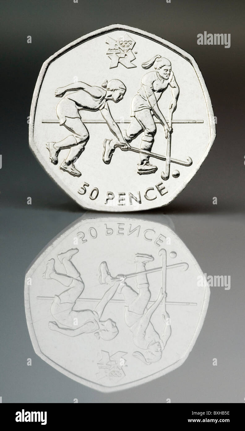 50 pence piece, with Olympic logo, featuring hockey players. Stock Photo