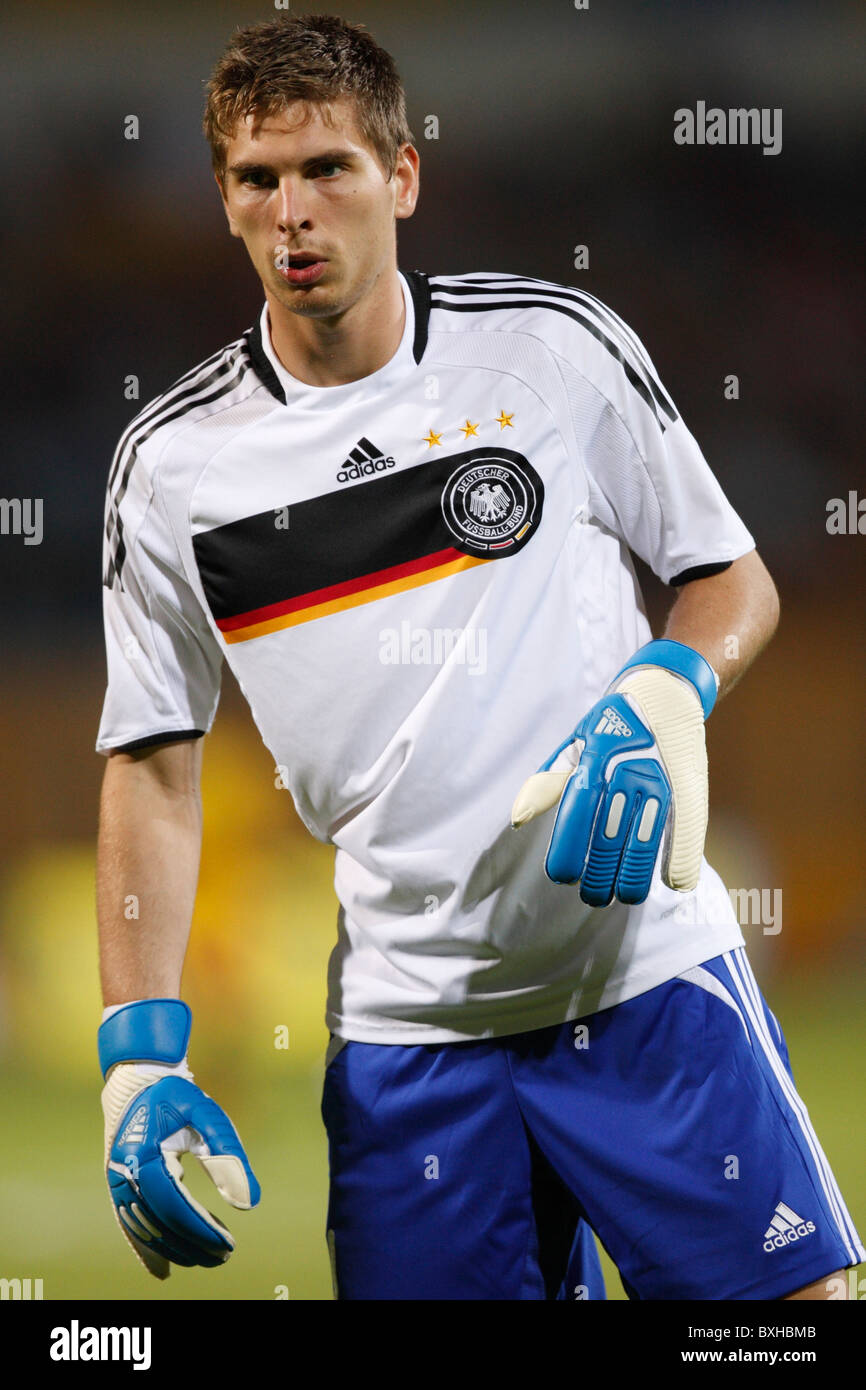 Germany goalkeeper Ron-Robert Zieler warms up prior to a FIFA U-20 World Cup Group C match against Cameroon October 2, 2009. Stock Photo