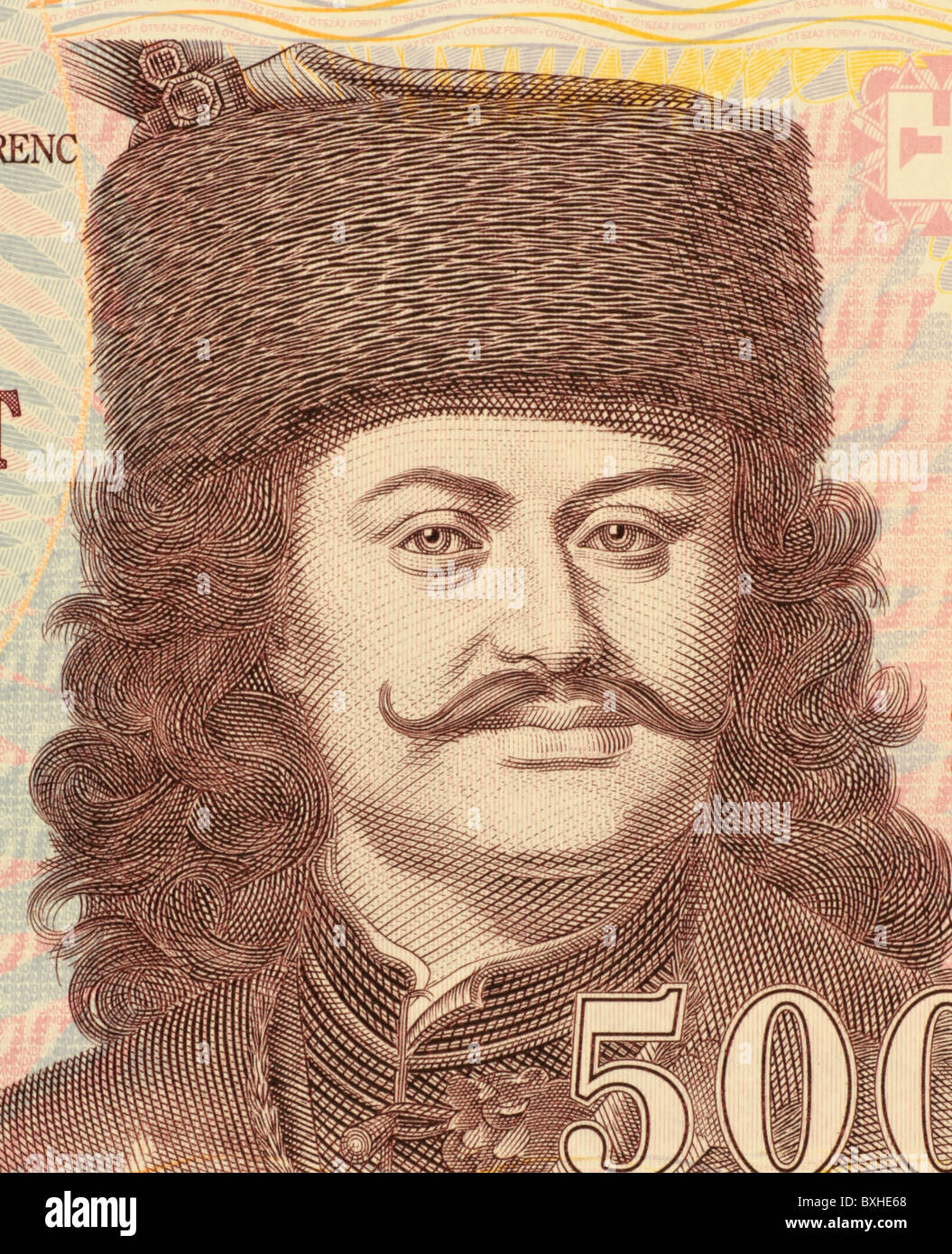 Francis II Rakoczi (1676-1735) on 500 Forint 2008 Banknote from Hungray. National hero of Hungary. Stock Photo