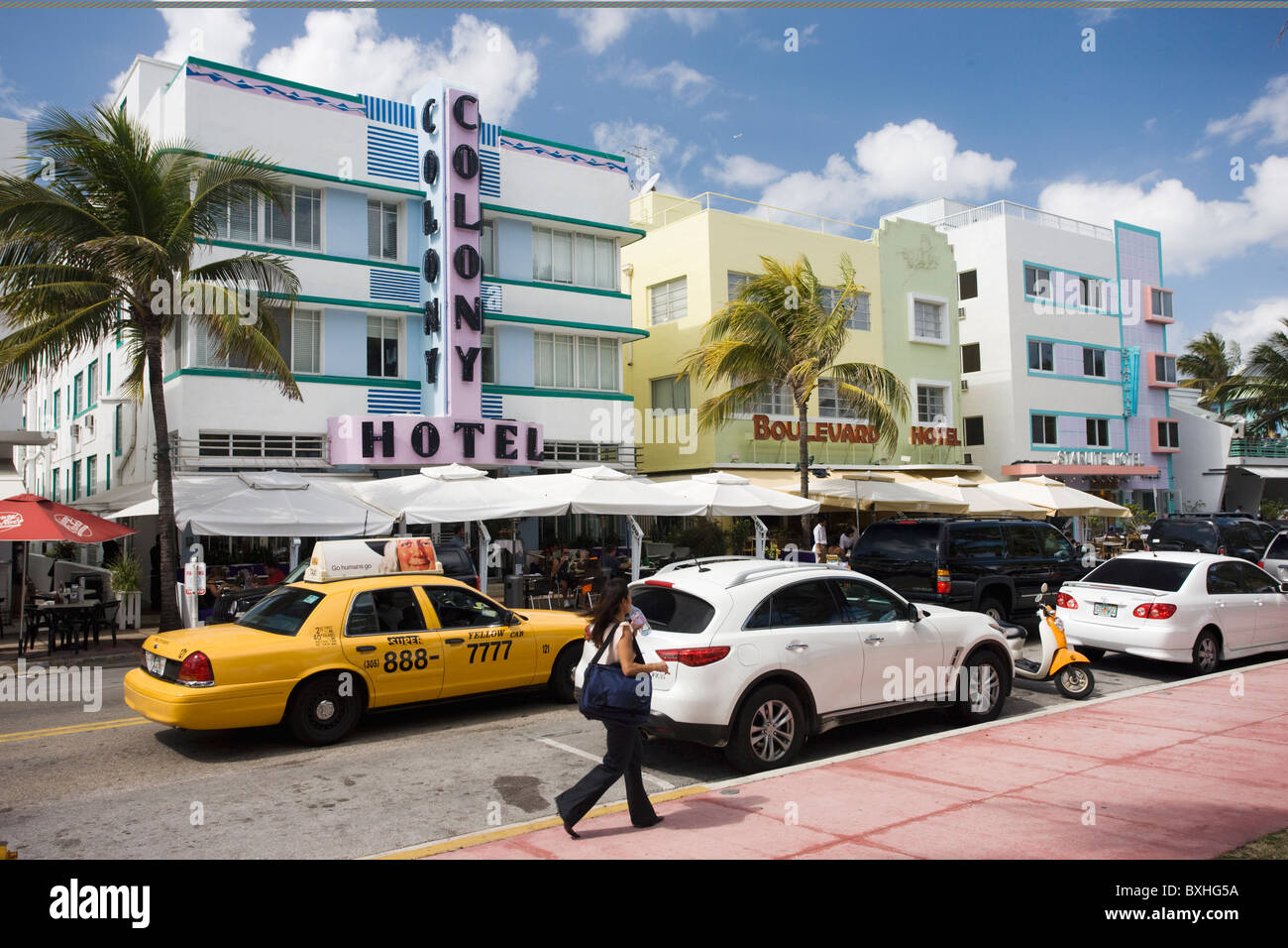 Colony Hotel art deco architecture on Ocean Drive, South Beach, Miami, Florida, United States of America Stock Photo