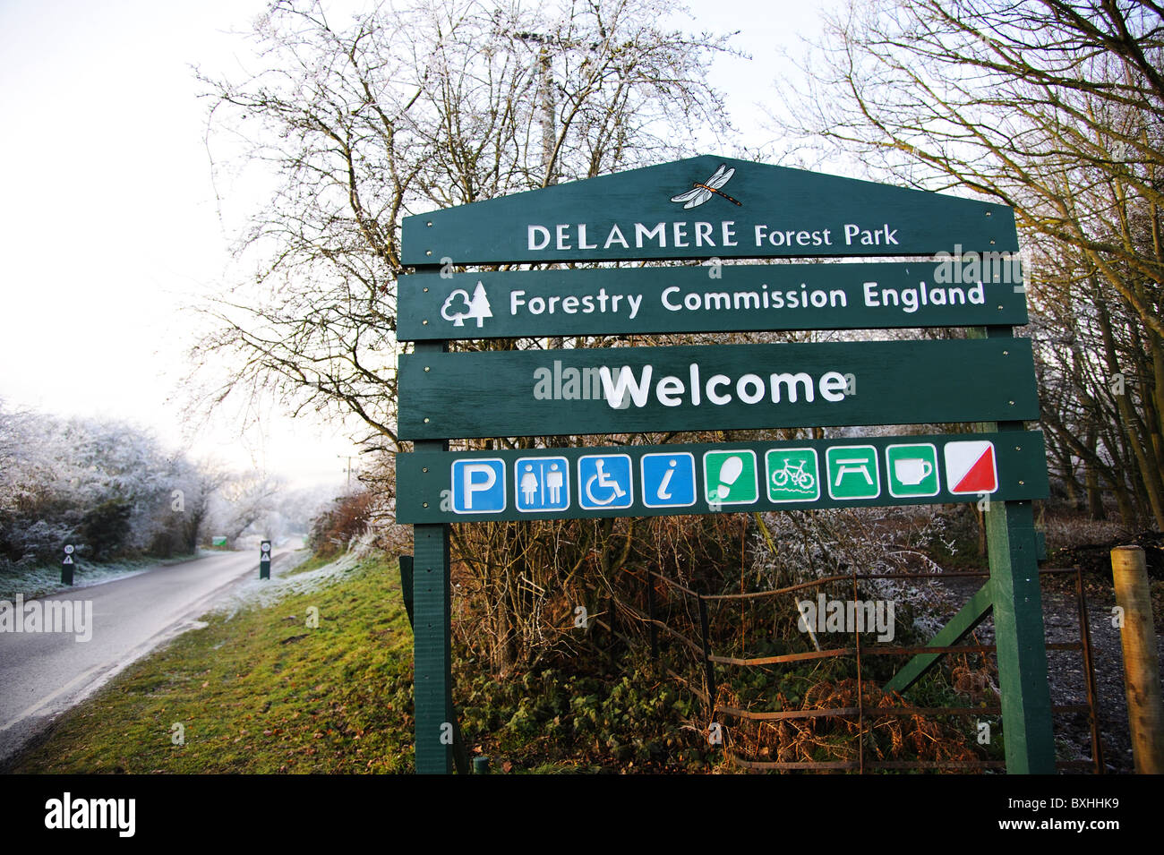 Welcome sign for Delamere Forest in Cheshire, UK. Stock Photo