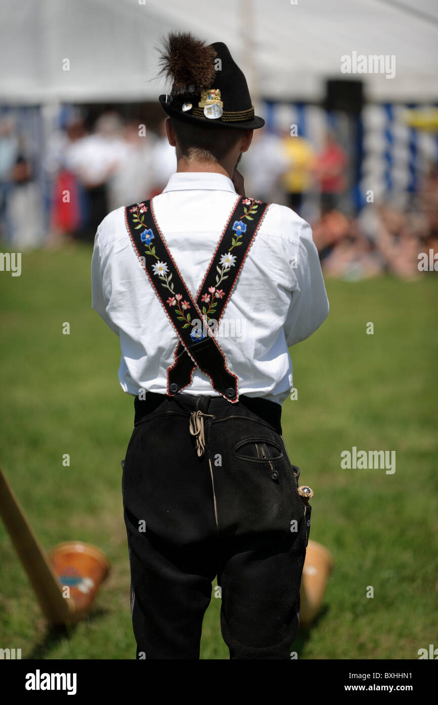 Bavarian Alphornist, Bavaria, Germany Stock Photo