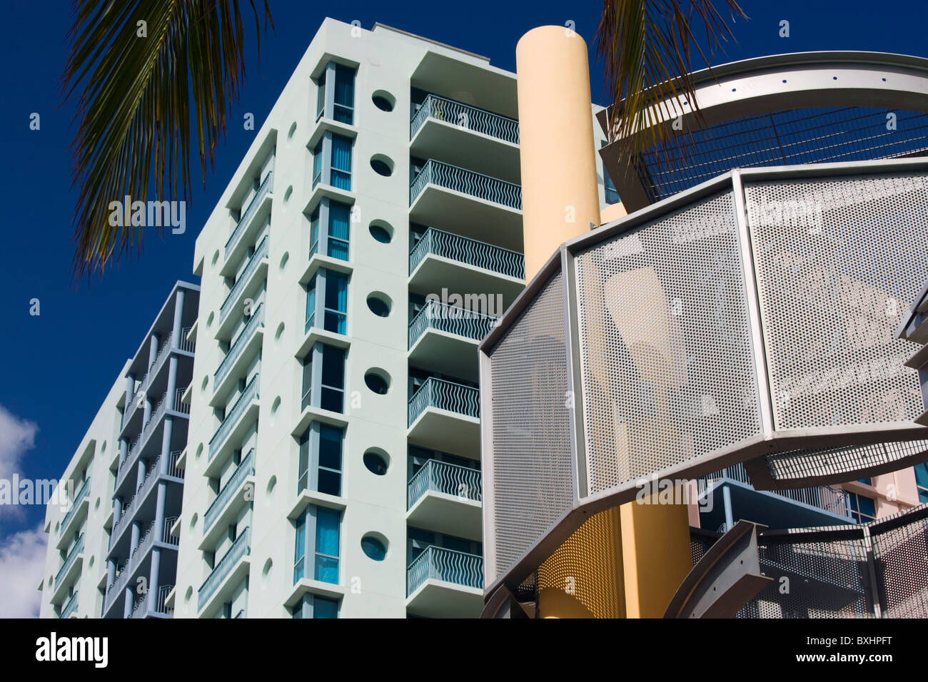 Art deco architecture, in pastel colors, high rise apartment blocks Ocean Drive, South Beach, Miami, Florida, USA Stock Photo