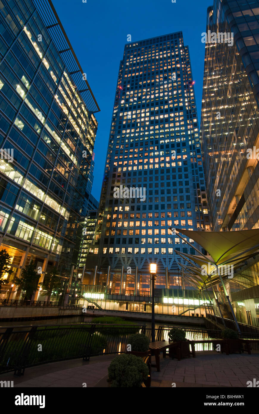 One Canada Square night West India Docks Adams Place  Canary Wharf,  Isle of Dogs, Tower Hamlets, East  London UK Stock Photo