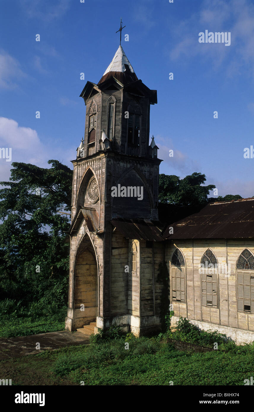 Church tower made of wood (1925). BATETE South Bioko Island  EQUATORIAL GUINEA. Stock Photo