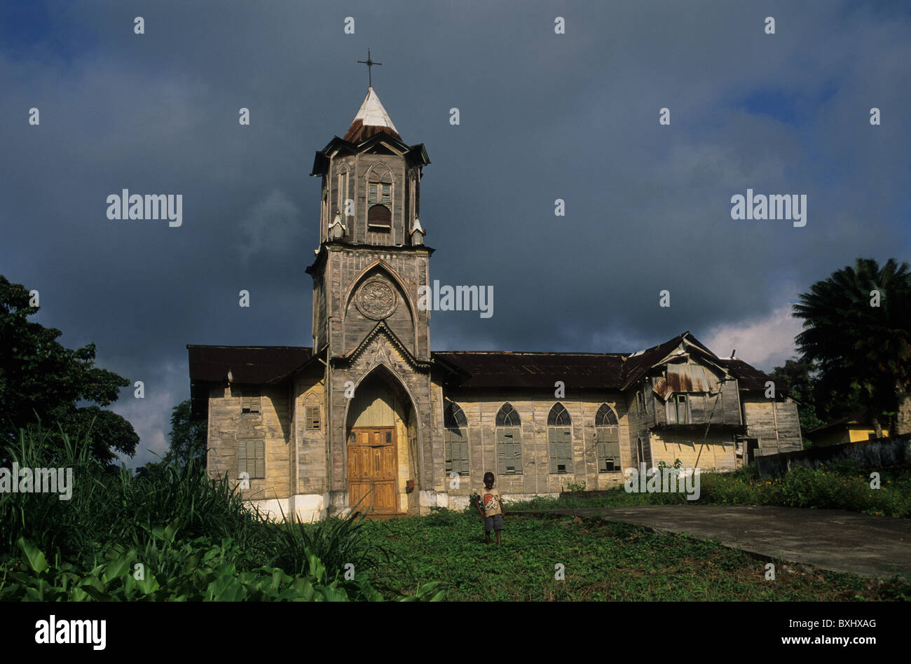 Front of the church made of wood (1925)  BATETE South Bioko Island  EQUATORIAL GUINEA. Stock Photo