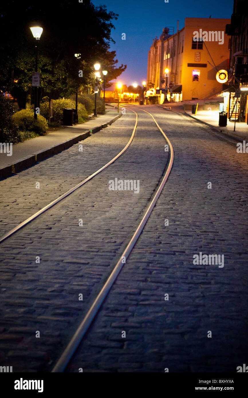Old trolley tracks along the riverfront in Savannah, Georgia, USA. Stock Photo
