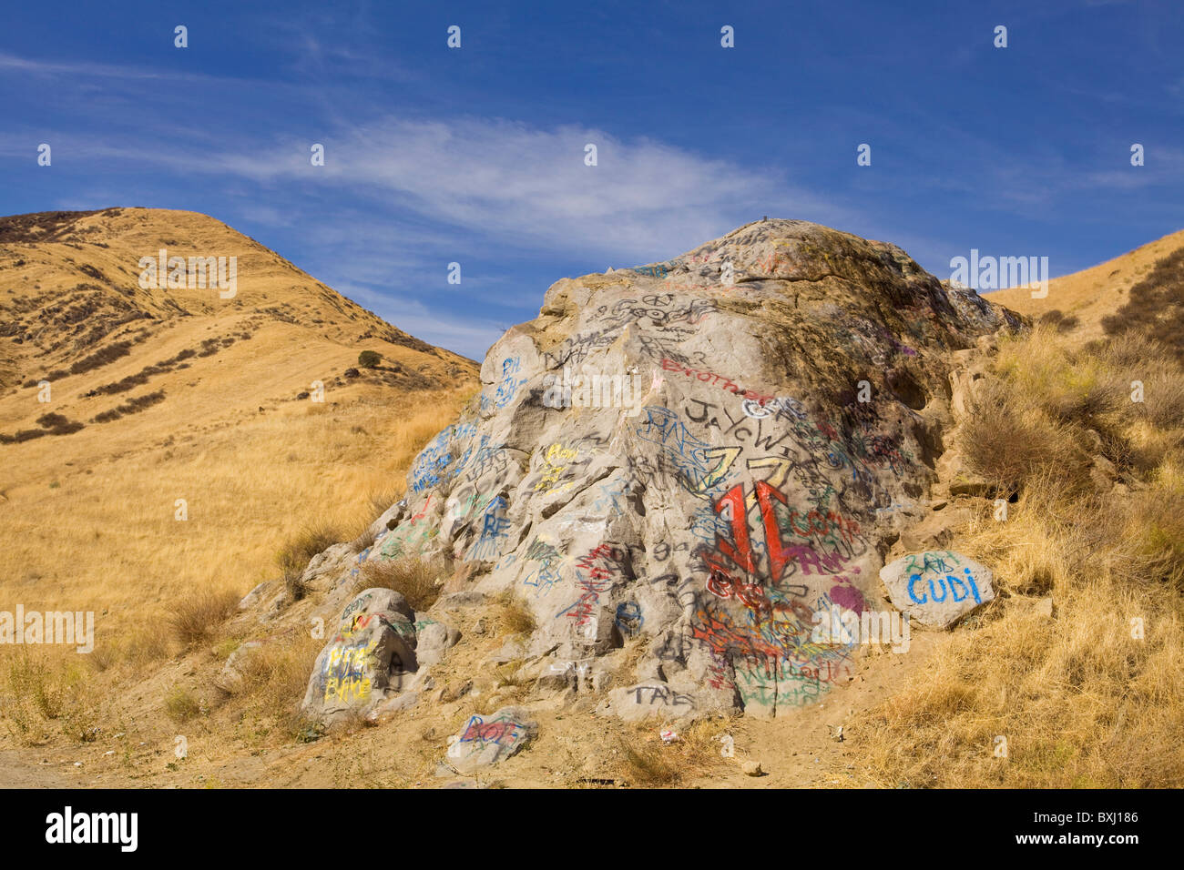 Graffiti ridden boulder - USA Stock Photo
