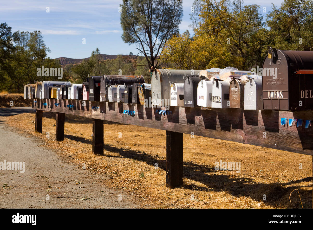 A row of mailboxes in rural America Stock Photo