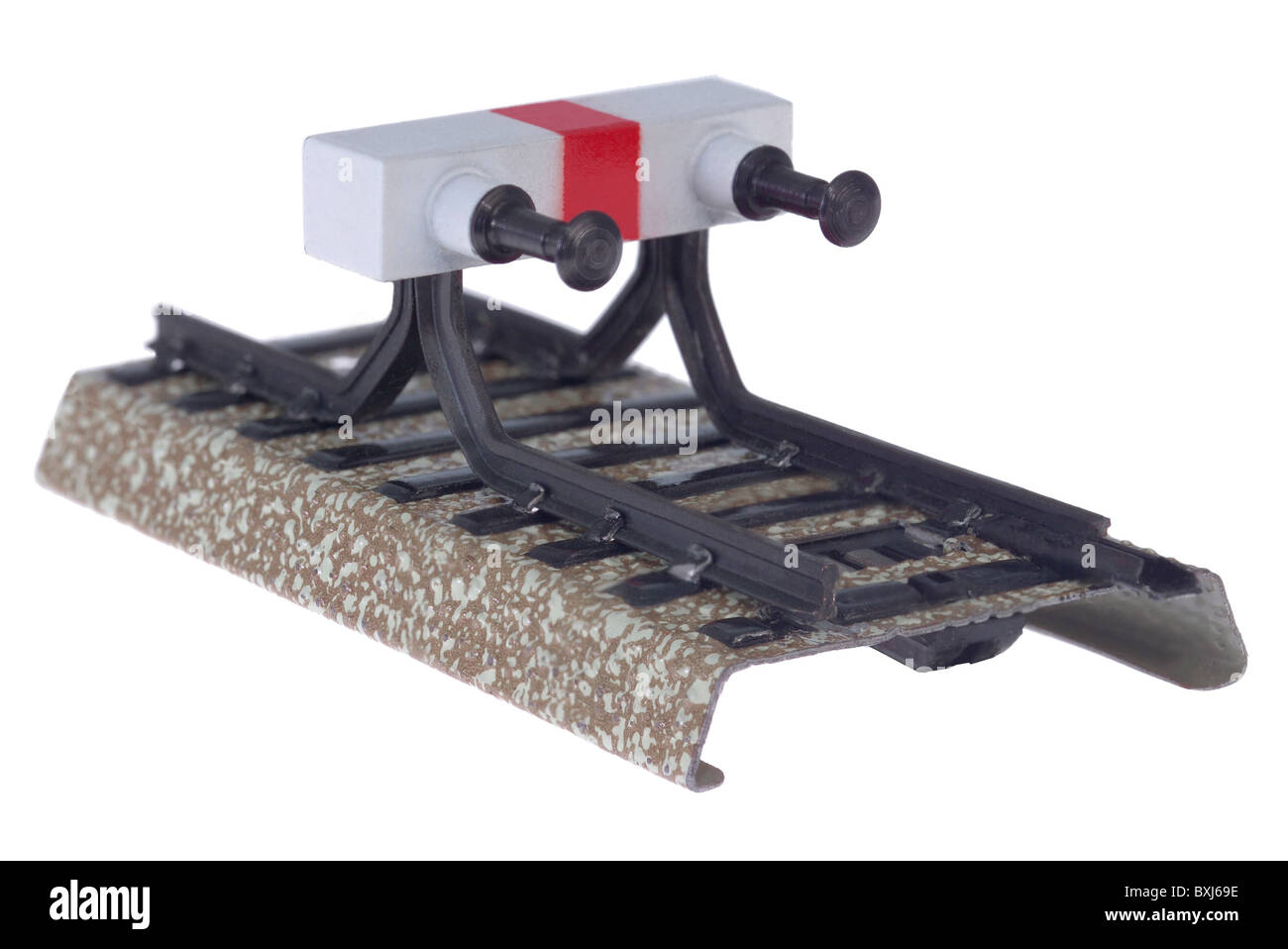 toy, model railway, buffer stop, terminus, Germany, 20th century, historic, historical, abandonment, layoff, closedown, closing-down, shutdown, abandonments, layoffs, closedowns, closing-downs, shutdowns, line, track, lines, tracks, monotrack, dual track, dead-end street, dead end, railway, railroad, railways, railroads, rail, rails, lay track, Märklin, clipping, cut out, cut-out, cut-outs, Marklin, Maerklin, Additional-Rights-Clearences-Not Available Stock Photo