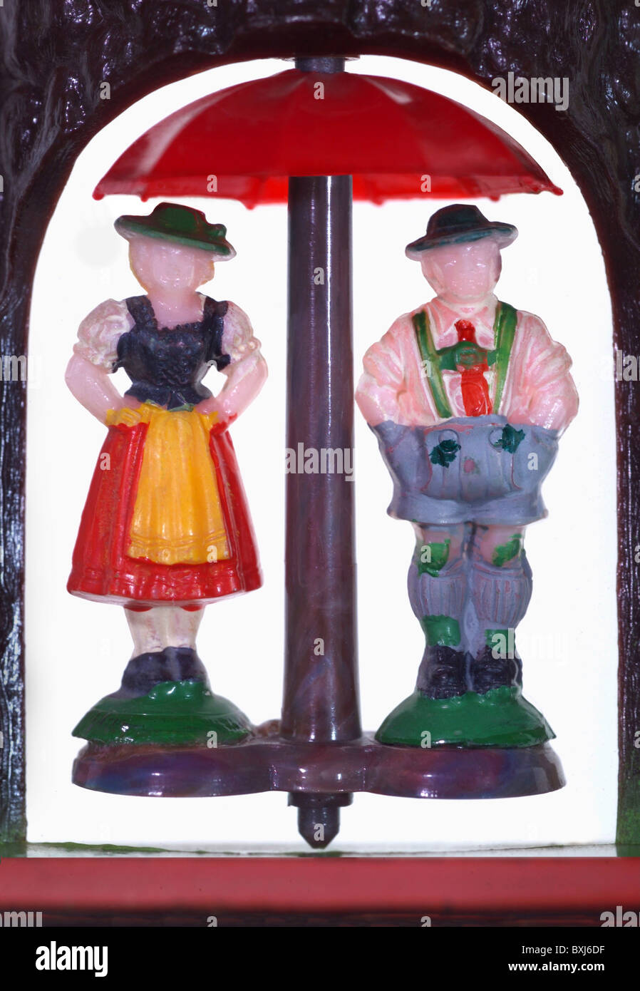 weather / climate, wooden weatherhouse, detail, Germany, circa 1960s, symbol, house, meteorology, humor, still, clipping, cut out, 1960s, 60s, historic, historical, 20th century, thermometer, thermometers, wet-bulb thermometer, Black Forest, summer, souvenir, kitsch, forecast, rain, raining, couple, couples, figures, dirndl, Bavarian, cut-out, cut-outs, people, woman, women, female, man, men, male, Additional-Rights-Clearences-Not Available Stock Photo