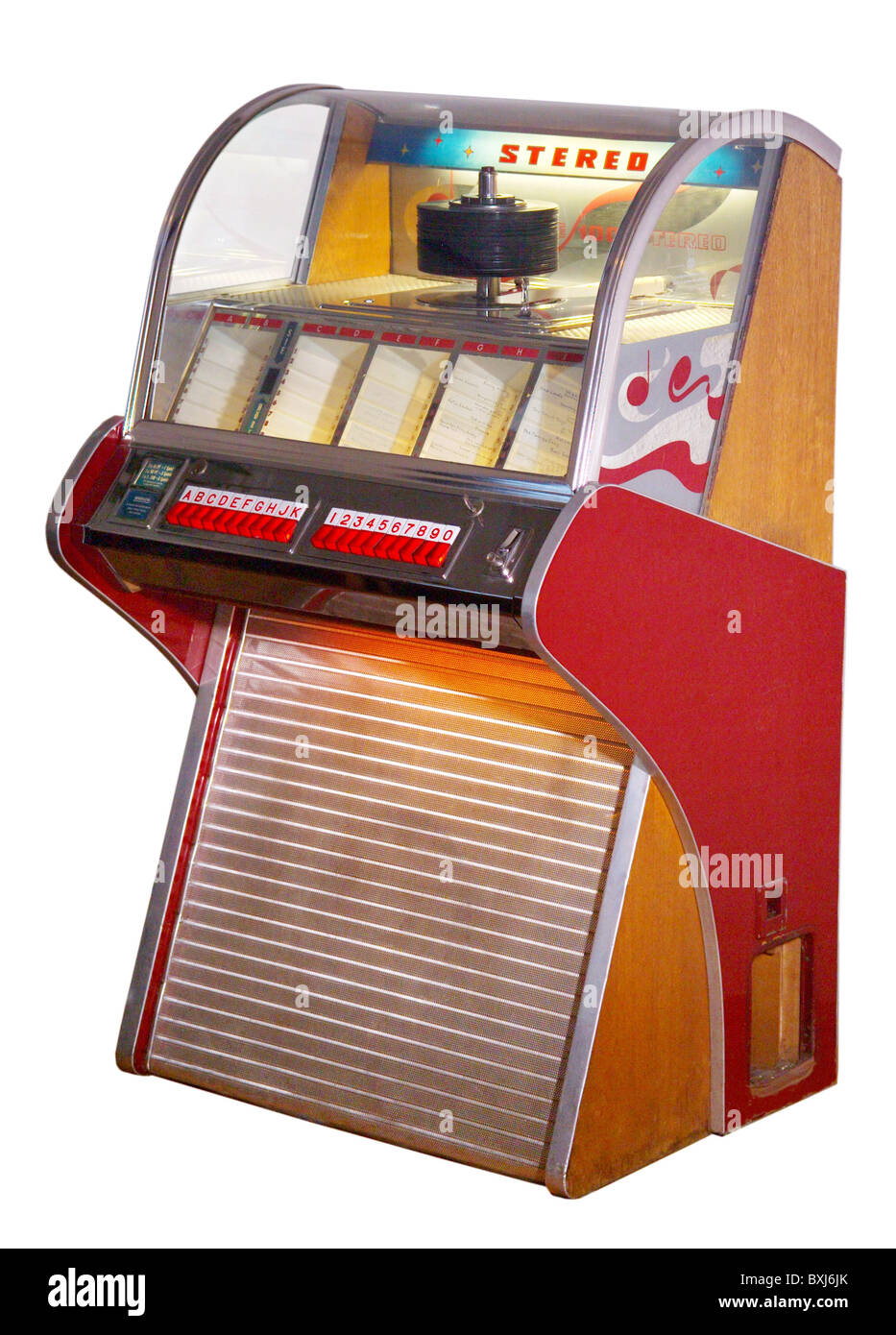 music, jukebox, musicbox Fanfare 100 Stereo, slotmachine, produced 1959-1962, NSM Apparatebau GmbH, Bingen, Germany, 1959, 1950s, 50s, 20th century, historic, historical, record, records, record player, pop music, hit parade, oldie, musical piece, wish, audio, economic miracle, economic miracles, W.M.Weber collection, clipping, cut out, cut-out, cut-outs, Additional-Rights-Clearences-Not Available Stock Photo