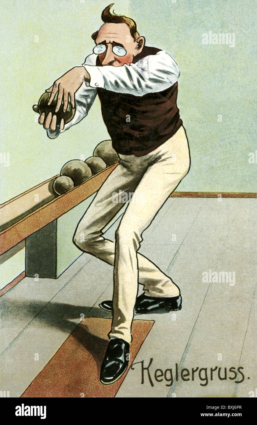 sports, skittles, man playing at skittles, caricature, Germany, 1913, Additional-Rights-Clearences-Not Available Stock Photo