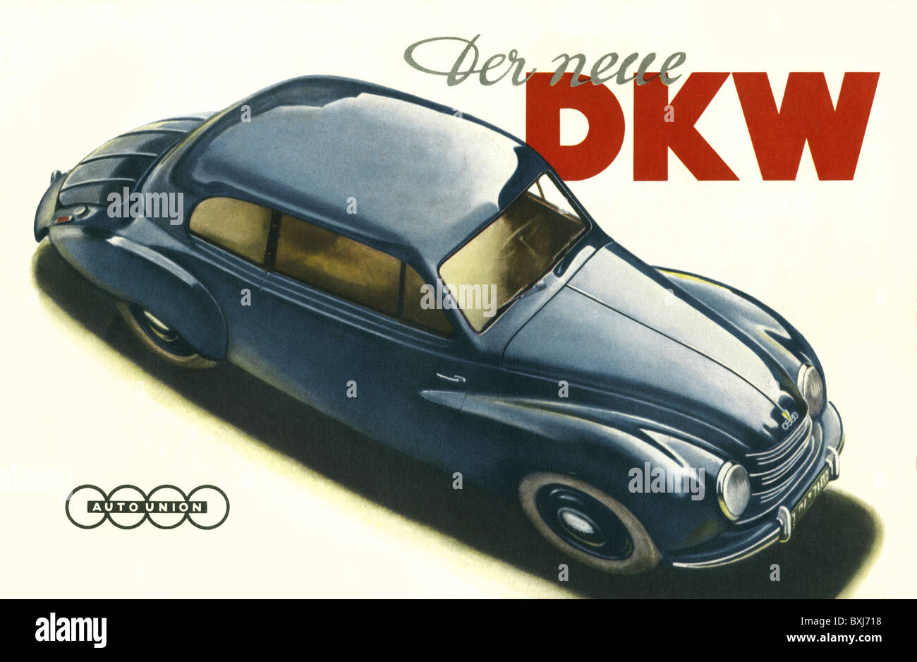 transport / transportation, car, vehicle variants, DKW, Meisterklasse F89, Germany, 1950, 1950s, 50s, 20th century, historic, historical, limousine, limo, saloon car, sedan, limousines, sedans, five-door sedan, car, cars, blue, two-stroke engine, two-stroke, mid-range car, economic miracle, economic miracles, prospectus, catalogue, Additional-Rights-Clearences-Not Available Stock Photo
