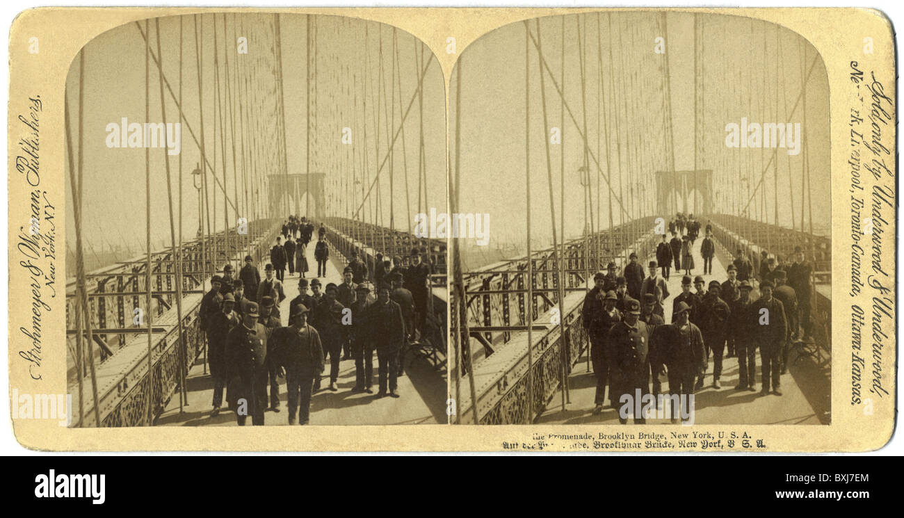 photography, stereoscopic photography, suspension bridge, Brooklyn Bridge, built: 1870 - 1883, New York, USA, circa, 1895, 1890s, 19th century, historic, historical, connect, connecting Manhattan and Brooklyn, spanning the East River, landmark, building, buildings, architecture, stereo, photograph, picture, photographs, American, people, Additional-Rights-Clearences-Not Available Stock Photo