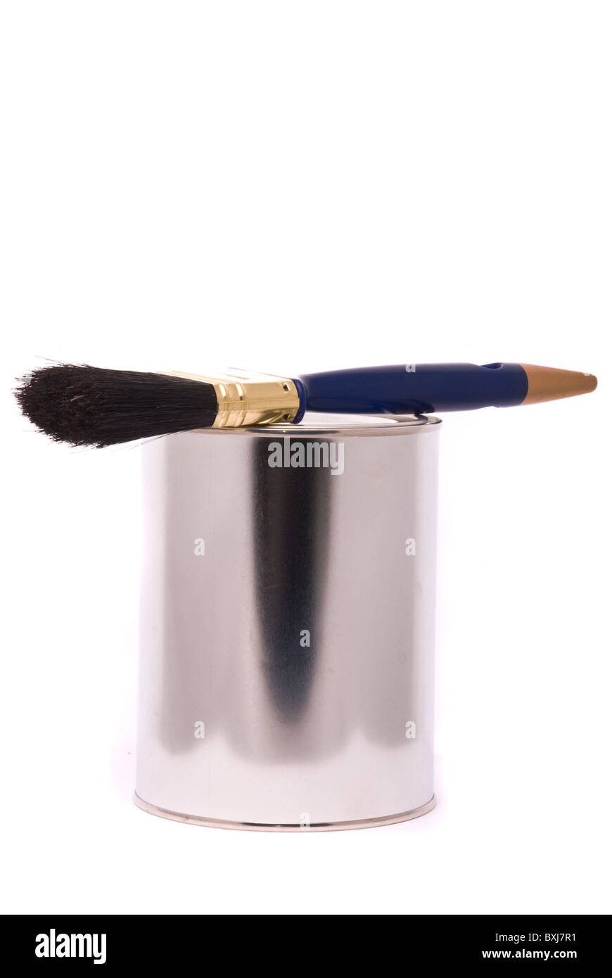 Can of paint and professional brush on a white. Stock Photo